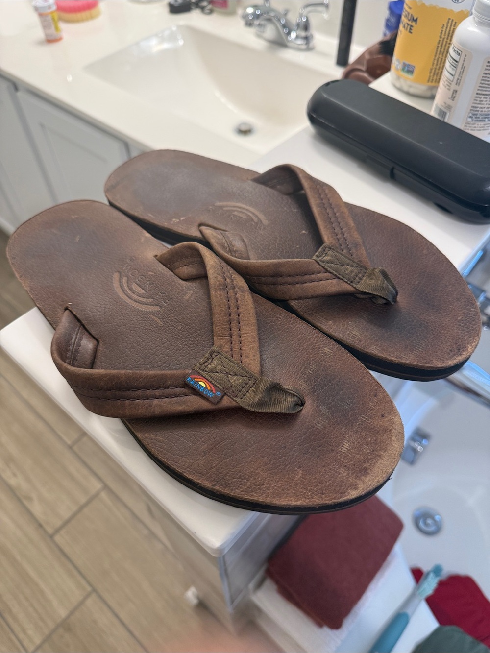 Rainbow Brown Leather Sandals with Contrast Logo Tab - Picture 2 of 4